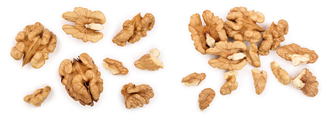 peelled Walnuts isolated on white background. Top view. Flat lay
