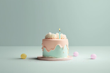Birthday bento cake with one candle isolated on pastel blue background. Cute greeting postcard, sponge cake decorated with balloons. 3d render illustration. Generative AI art.
