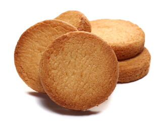 Shortbread biscuits pile, breton style, close up tea pastry with butter isolated on white