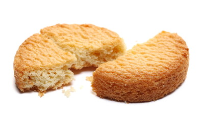Shortbread biscuit broken, breton style, close up tea pastry with butter isolated on white