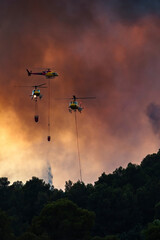 Fire brigade helicopter trying to put out a fire with water, surrounded by smoke and burning trees.