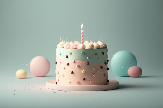 Birthday cake with one candle in front isolated on pastel blue background. Cute greeting postcard, sponge cake decorated with balloons. 3d render illustration. Generative AI art.
