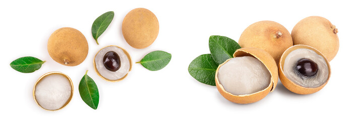 Fresh longan fruit with leaves isolated on white background. Top view. Flat lay