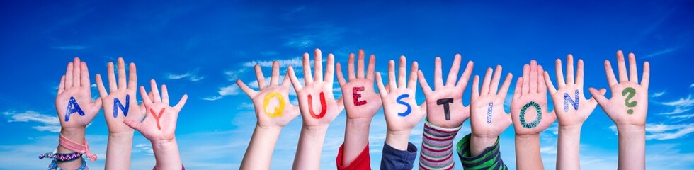 Children Hands Building Word Any Question, Blue Sky