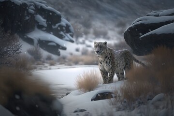 Snow Leopard walking in the snow, generative AI - obrazy, fototapety, plakaty