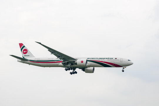 Biman Bangladesh Airlines Boeing 777 S2-AFP landing in London Heathrow International Airport.