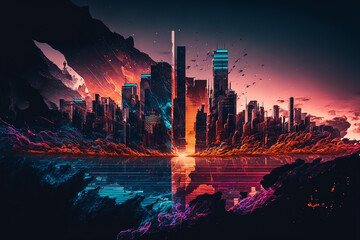 Cyberpunk Skyline. Futuristic Cityscape Caught in a Sunset. Created with Generative AI.