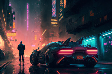 Obraz premium Vivid Neon Car in a Cyberpunk Setting. Created with Generative AI.