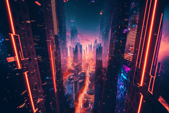 Aerial View from a Cyberpunk Cityscape. Created with Generative AI.