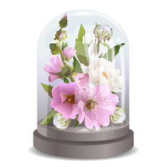 A beautiful decorative gift with white peony and delicate pink mallow flowers, under a glass sphere