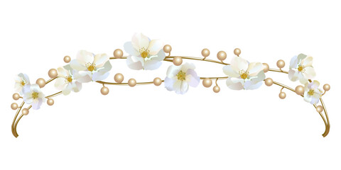 Flower tiara, flower crown of golden branches, pearls of white bright colors, for a wedding, holidays, celebrations for a beautiful girl © Nataliya Zotova