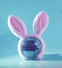 Easter Rave: A Blue Nightclub Disco Ball Wearing Pink Rabbit Ears on a Pastel Blue Background,...