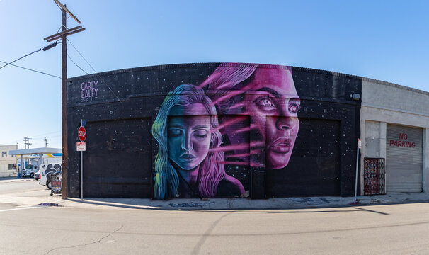 Los Angeles, United States - November 19, 2022: A picture of a mural created in 2017 by Carly Ealey, part of the Container Yard's Fresh Coat Mural Festival.