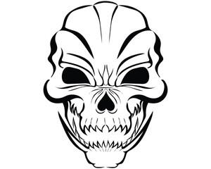 black and white silhouette cartoon illustration vector design of a skull head with a modified addition of two long canine teeth on its lower jaw