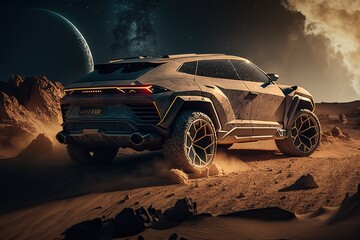 Obraz na płótnie Canvas Concpept SUV Car standing on a fictional Planet, generative AI