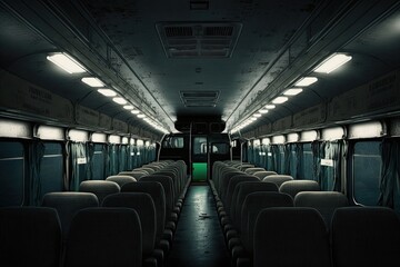 Obraz premium dark interior of bus depot with rows of empty passenger compartments, created with generative ai
