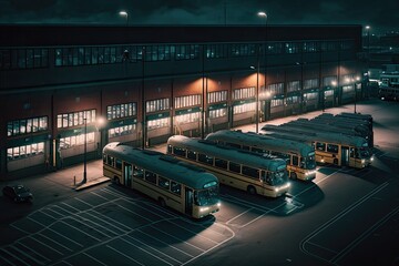 large bus depot illuminated by streetlights with many parked buses, created with generative ai