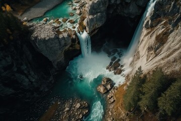 Fototapeta na wymiar Beautiful Waterfall in Austria drone shot, generative AI