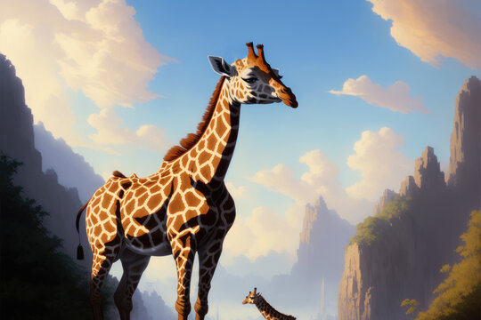 Portrait of a giraffe. Safari, colorful magic giraffe, cartoon style painting. Generative ai art illustration
