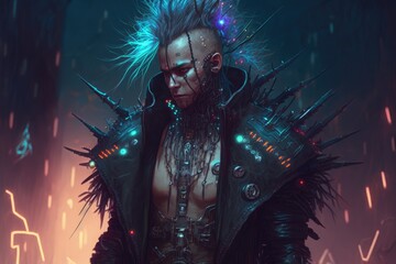 Obraz premium dressing in black leather, with spiked and studded accessories and neon lights integrated into clothing digital art poster AI generation.