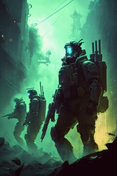 cybernetic enhanced soldiers in battle digital art poster AI generation.
