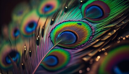 Peacock Feather, Closeup. Post-produced generative AI digital illustration.