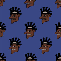 Seamless ethnic pattern with stylized human heads. Indigenous Nazca design from ancient Peru. On blue background.