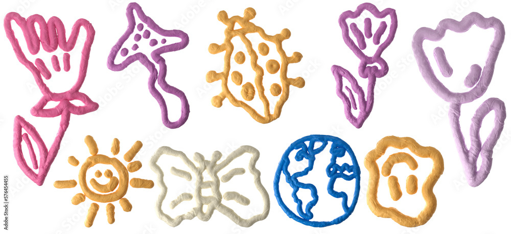Poster 3d rendering illustration. set of groovy clay spring elements. sticker with plasticine effect.