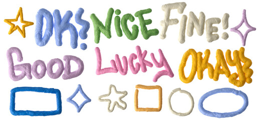 3D rendering illustration. Set of typography clay phrases - ok, fine, nice, good and collection of elements - circle, square, rectangle, stars. Stickers with plasticine effect.