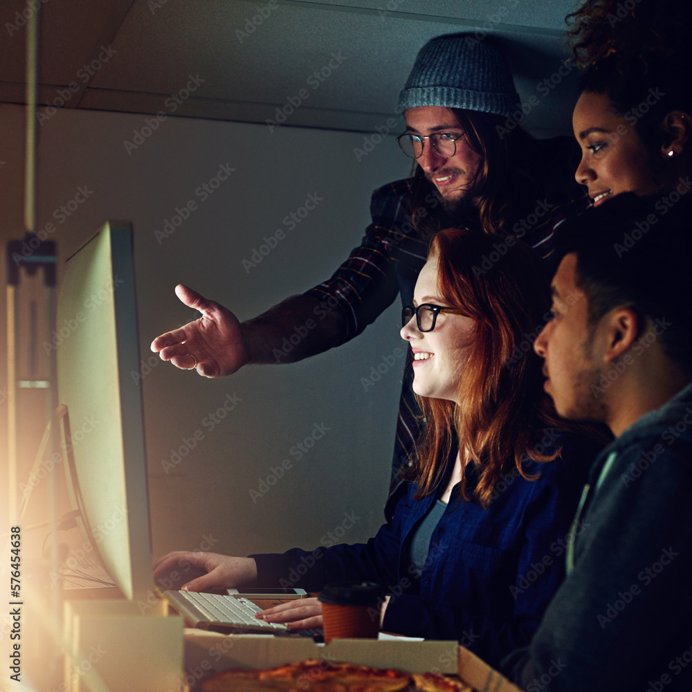 Poster Computer, diversity and night team gesture at html code, cybersecurity system or programming app software. Information technology, developer and programmer teamwork on coding cloud computing database