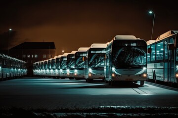 night view of bus depot with long row of buses parked in rows, created with generative ai