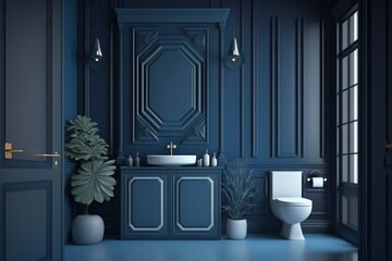 interior of a modern dark blue bathroom at house. bright sun light from windows, generative ai. Epic old luxury, tall ceilings timeless architecture style, 3D rendered room