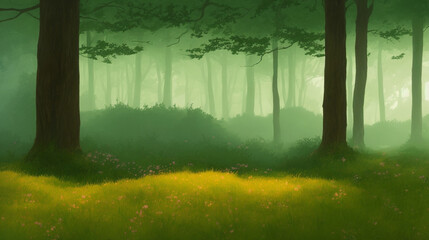 Fototapeta na wymiar an illustration of a tree forest with lush green floor and bushes during golden hour Generative AI