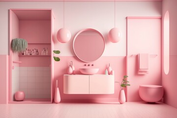 Fototapeta na wymiar interior of a modern pink bathroom at house. bright sun light from windows, generative ai. Epic old luxury, tall ceilings timeless architecture style, 3D rendered room