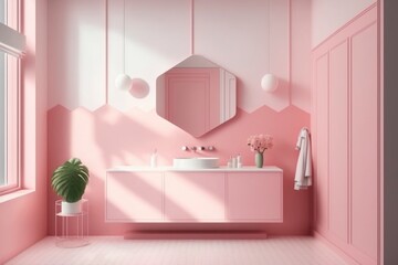 Obraz na płótnie Canvas interior of a modern pink bathroom at house. bright sun light from windows, generative ai. Epic old luxury, tall ceilings timeless architecture style, 3D rendered room