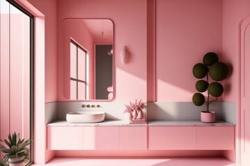 Fototapeta na wymiar interior of a modern pink bathroom at house. bright sun light from windows, generative ai. Epic old luxury, tall ceilings timeless architecture style, 3D rendered room