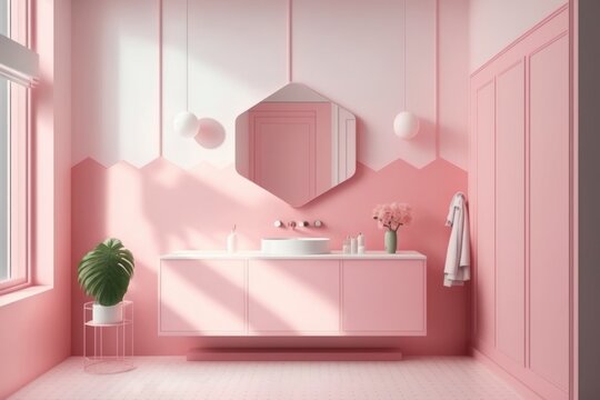 interior of a modern pink bathroom at house. bright sun light from windows, generative ai. Epic old luxury, tall ceilings timeless architecture style, 3D rendered room