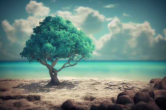 a beach with a tree and a rock in the water and a blue sky with clouds above it and a few rocks in the water and a tree on the beach with a rock in the. Generative AI