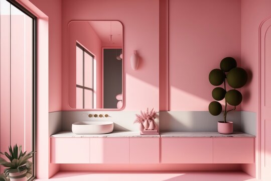 interior of a modern pink bathroom at house. bright sun light from windows, generative ai. Epic old luxury, tall ceilings timeless architecture style, 3D rendered room