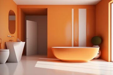 Fototapeta na wymiar interior of a modern orange bathroom at house. bright sun light from windows, generative ai. Epic old luxury, tall ceilings timeless architecture style, 3D rendered room