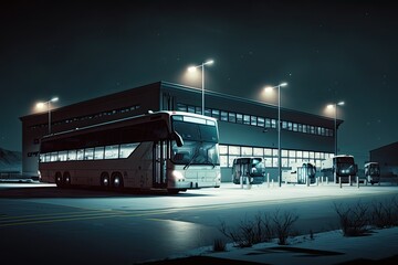large bus depot for long-haul trips in night time, created with generative ai - obrazy, fototapety, plakaty