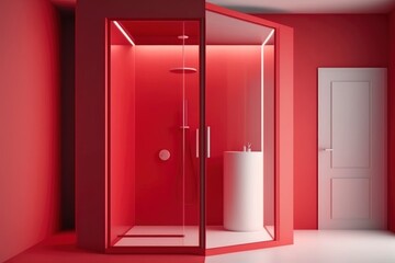 interior of a modern red bathroom shower cabin. bright sun light from windows, generative ai. Epic old luxury, tall ceilings timeless architecture style, 3D rendered room