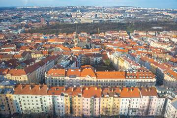 Obraz premium View of the old and new part of the city from Zizkov Television Tower in Prague, Czech republic