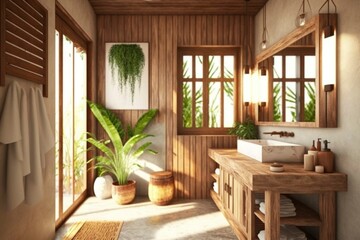 interior of a modern wooden bathroom at house. bright sun light from windows, generative ai. Epic old luxury, tall ceilings timeless architecture style, 3D rendered tropical room