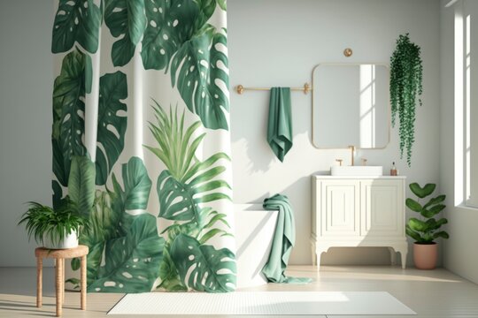 interior of a modern green bathroom with plants at house. bright sun light from windows, generative ai. Epic old luxury, tall ceilings timeless architecture style, 3D rendered room
