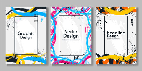 Set of art paint brush and scratches. Bright colors. Design for poster, cover, postcard, banner, invitation. 