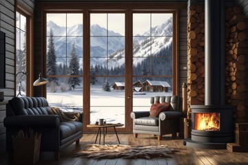 Winter Retreat: Cozy Living Room with Fireplace and Breathtaking Snowy Mountain Views in a Rustic Forest Chalet. Generative AI