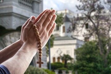 Human hands of prayer folded, religion concept