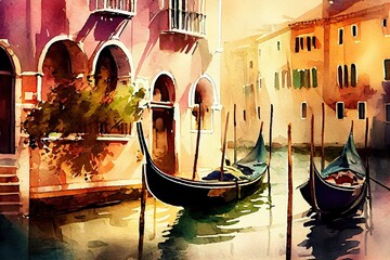 Watercolor Art in Venice: Capturing the City of Water and Gondolas in Italy: Generative AI - obrazy, fototapety, plakaty