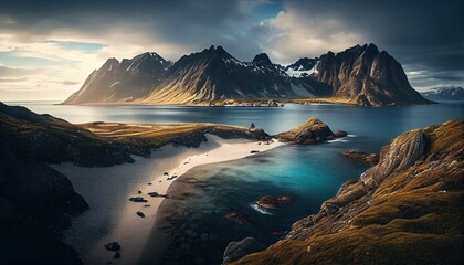 Fototapeta na wymiar A Superb Nordic Adventure - Exploring the Beauty and Calm of Rock-laden Coastlines and Majestic Mountain Ranges of the Lofoten Islands. Generative AI